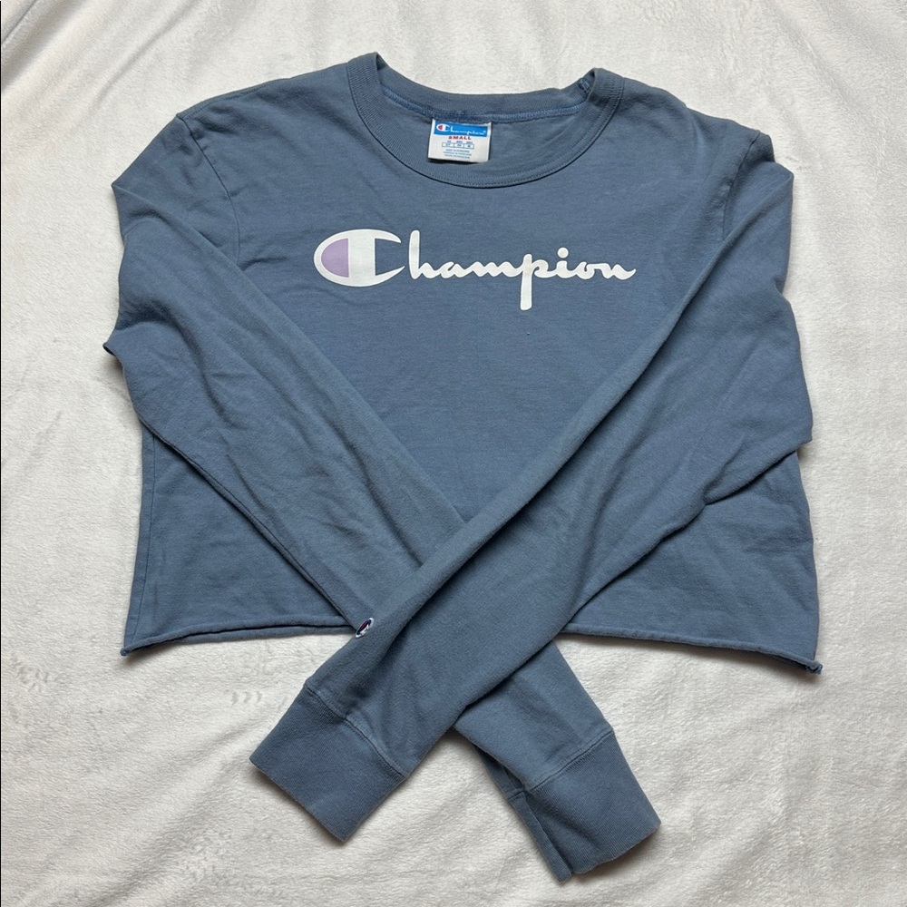 Champion Grey Crewneck Cropped Sweatshirt with Blue Logo Tag